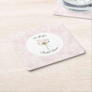Mooie Roze Bloemrijke Bruiloftsdouche Vierkante Kartonnen Onderzetter