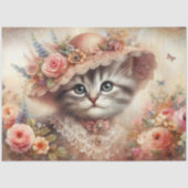 Mooie Roze Bloemrijke Victoriaanse Kat Decoupage Tissuepapier (Voorkant)