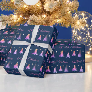 Mooie roze bomen en Vrolijk kerstblauw Cadeaupapier