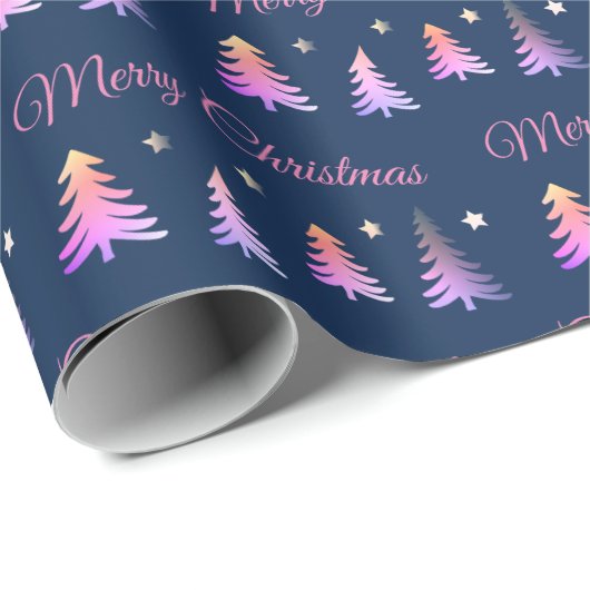 Mooie roze bomen en Vrolijk kerstblauw Cadeaupapier (Rol Hoek)