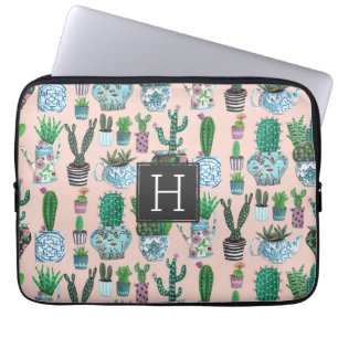 Mooie roze cactus succulent monogram patroon laptop sleeve