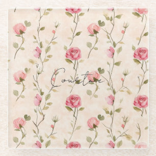 Mooie Roze Crème Rozen Bloemrijke Bruidsdouche Glazen Onderzetter