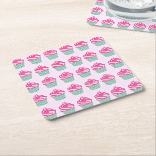 Mooie Roze Cupcakes Patroon Licht Roze Vierkante Kartonnen Onderzetter