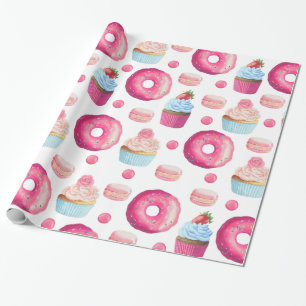 Mooie roze doughnuts en cupcakes op wit cadeaupapier