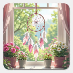Mooie Roze Droomvanger en Planten Vensterbank Vierkante Sticker