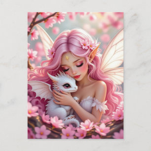 Mooie Roze Elfenfee & Draak Briefkaart