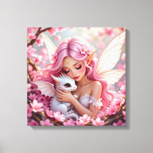 Mooie Roze Elfenfee & Draak Canvas Afdruk