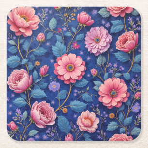 Mooie roze en blauwe bloemmotief vierkante kartonnen onderzetter