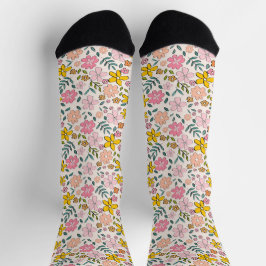 Mooie Roze en Gele Bloemmotief Sokken