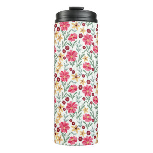Mooie roze en gele vintage bloemmotief thermosbeker