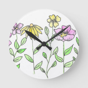 Mooie Roze en Gele Waterverf Bloemen Ronde Klok