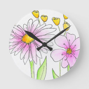 Mooie Roze en Gele Waterverf Bloemen Ronde Klok