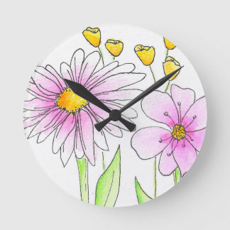 Mooie Roze en Gele Waterverf Bloemen Ronde Klok