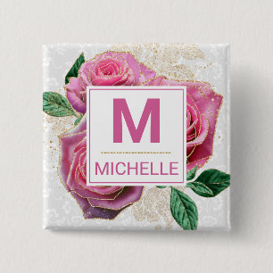 Mooie roze en gouden glamourrozen monogram vierkante button 5,1 cm