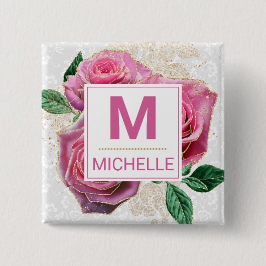 Mooie roze en gouden Rozen Monogram Vierkante Button 5,1 Cm (Voorkant)