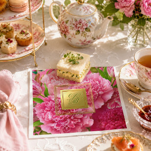 Mooie Roze en Groene Bloemige Monogram Feestje Servet