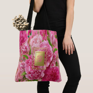 Mooie Roze en Groene Bloemige Monogram Tuin  Draagtas