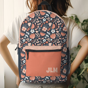 Mooie roze en marineblauwe bloempatroon monogram bedrukte rugzak