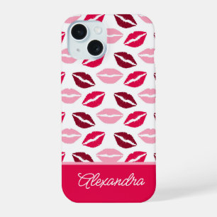 Mooie Roze En Rode Lippenstift Kusjes Script Naam iPhone 15 Hoesje