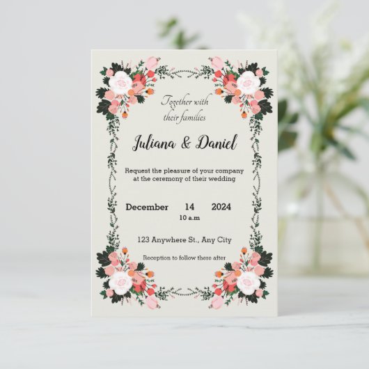 Mooie roze en witte blos bloemenbruiloft kaart (Staand voorkant)