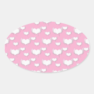 Mooie Roze en Witte Hartjes met Vleugels Ovale Sticker