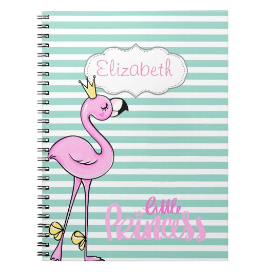 Mooie Roze Flamingo Op Mintwitte Strepen Notitieboek (Voorkant)