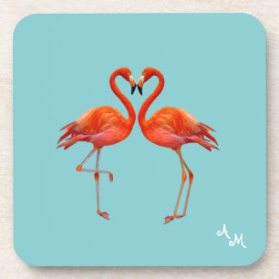 Mooie Roze Flamingo's & Monogram op Lichtblauw Bier Onderzetter