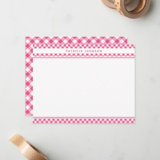 Mooie Roze Gingham Karo Geblokt Persoonlijk Notitiekaartje (Voorkant / Achterkant in situ)