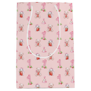 Mooie Roze Gingham, Konijnen en Beren! Medium Cadeauzakje