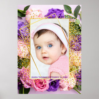 Mooie Roze Gouden Bloemige Waterverf Babymeisje Fo Poster