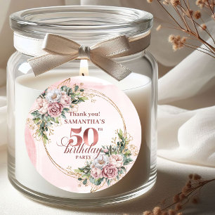 Mooie Roze Gouden Blush Bloemen 50e Verjaardag Fav Ronde Sticker