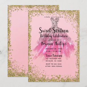 Mooie Roze Gouden Glitter Feestjurk Sweet 16 Kaart