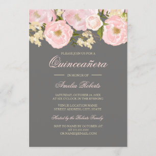 Mooie Roze Grijze Bloemige Quinceanera Uitnodiging