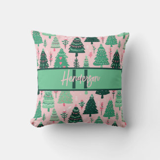 Mooie Roze & Groene Kerstboom Monogram Kussen