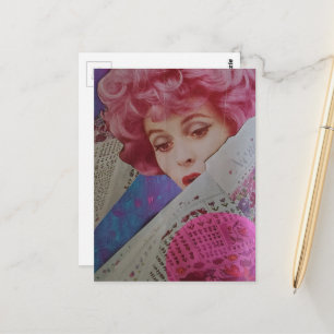 Mooie Roze Haar Retro Dame Mixed Media Collage Briefkaart
