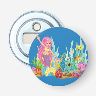 Mooie ROZE HAAR zeemeermin die in de zee speelt Button Flesopener