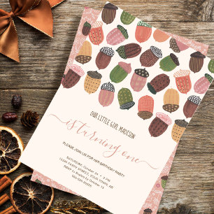 Mooie Roze Herfst Eikels meisje Eerste Verjaardags Kaart