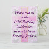 MOOIE ROZE KRUIS 90E VERJAARDAG UITNODIGING (Staand voorkant)