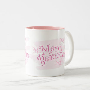 Mooie Roze "Merci Beaucoup" Bedankthee Geschenkmok Tweekleurige Koffiemok