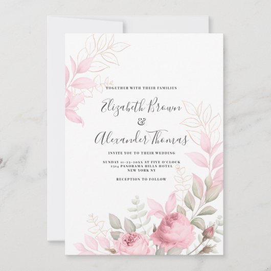 Mooie roze munt rozen bladeren bloemenbruiloft kaart (Voorkant)