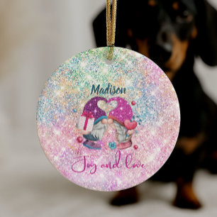 Mooie roze nepglistergnoom kerstmonogram keramisch ornament