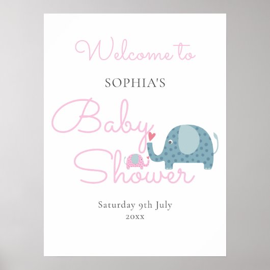 Mooie Roze Olifant Baby Meisje Shower Welkom Bord Poster (Voorkant)