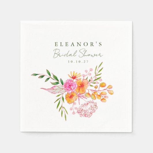 Mooie Roze Oranje Bloemige Waterverf Bruidsdouche Servet (Voorkant)