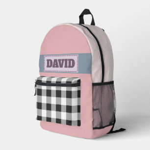 Mooie Roze Pastel Buffalo Geruite Gestikte Patch M Bedrukte Rugzak