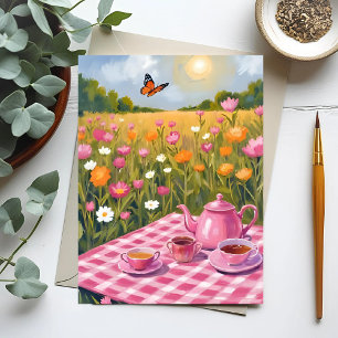 Mooie Roze Picknick   Vlinder in Theeetuin Bloemen Briefkaart