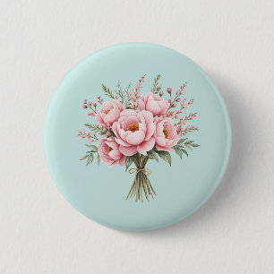Mooie Roze Pioen Bloemenboeket Ronde Button 5,7 Cm