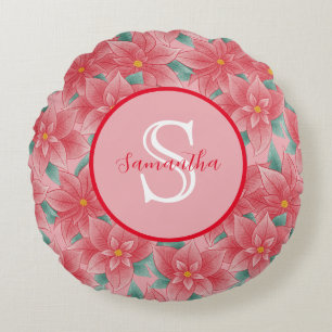 Mooie Roze Poinsettia Persoonlijk Monogram Rond Kussen