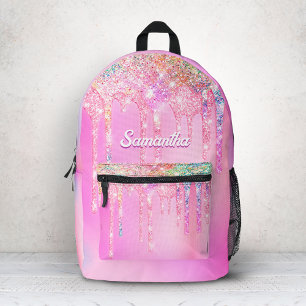 Mooie roze regenboog glinster druppels monogram  bedrukte rugzak