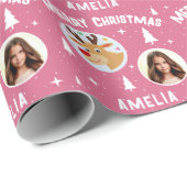 Mooie Roze Rendier Kind Naam Foto Kerstmis Cadeaupapier (Rol Hoek)