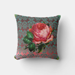 MOOIE ROZE ROOS AQUA BLAUW, BLAUWGROEN DAMASK KUSSEN